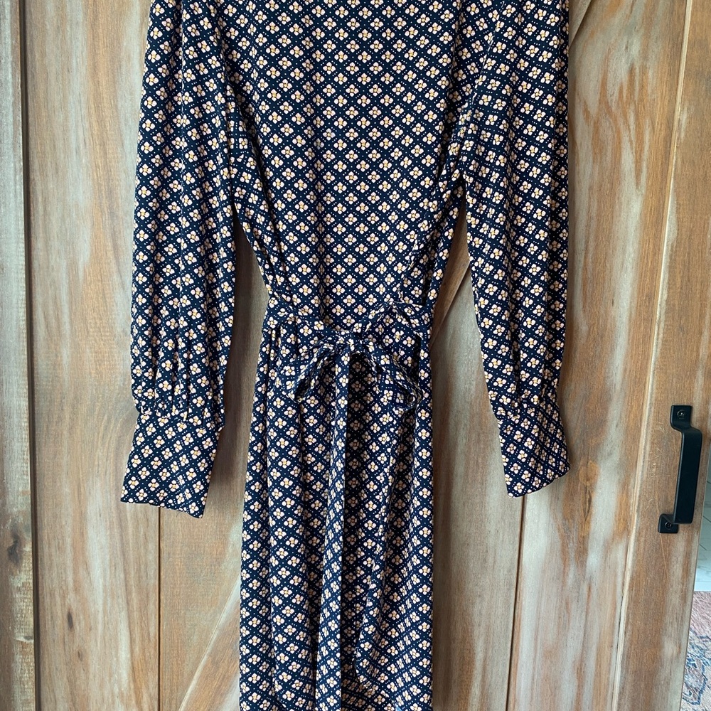 LOFT Blue and White Sheath Dress with Bishop Sleeves